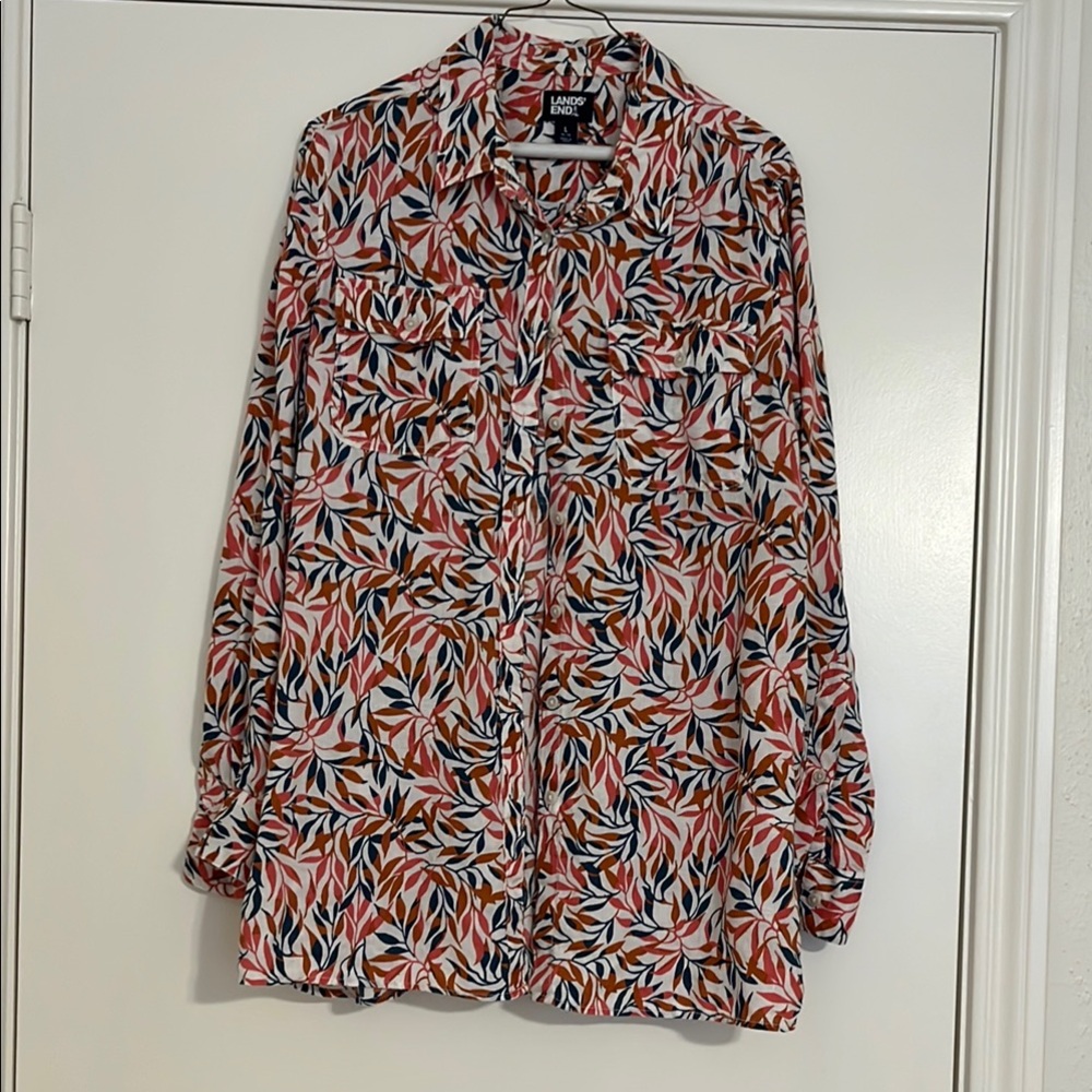 Lands' End Multicolor Leaf Print Linen Button Down Shirt